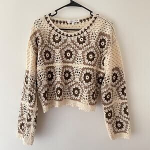 Crochet Boho Sweater S Oversized Cream Brown Floral Knit Y2K Festival Hippie